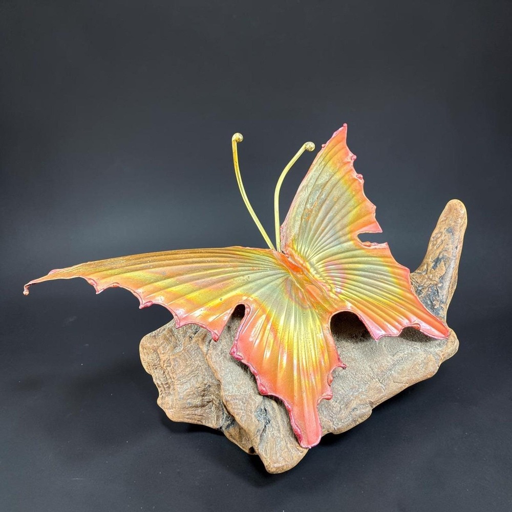 Vintage Metal Iridescent Butterfly Sculpture on Natural Driftwood Base Hand Made
